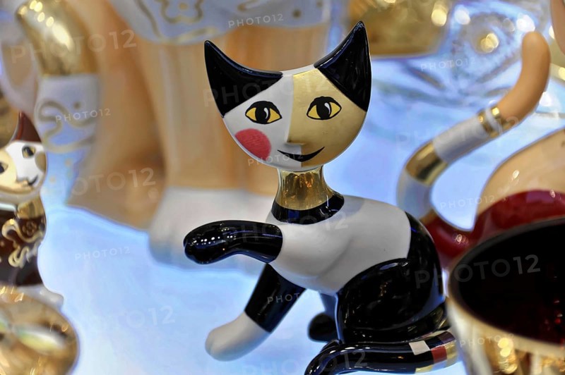 Prague, Czech Republic, Europe, Colourful cat sculpture with playful and modern design on illuminated background