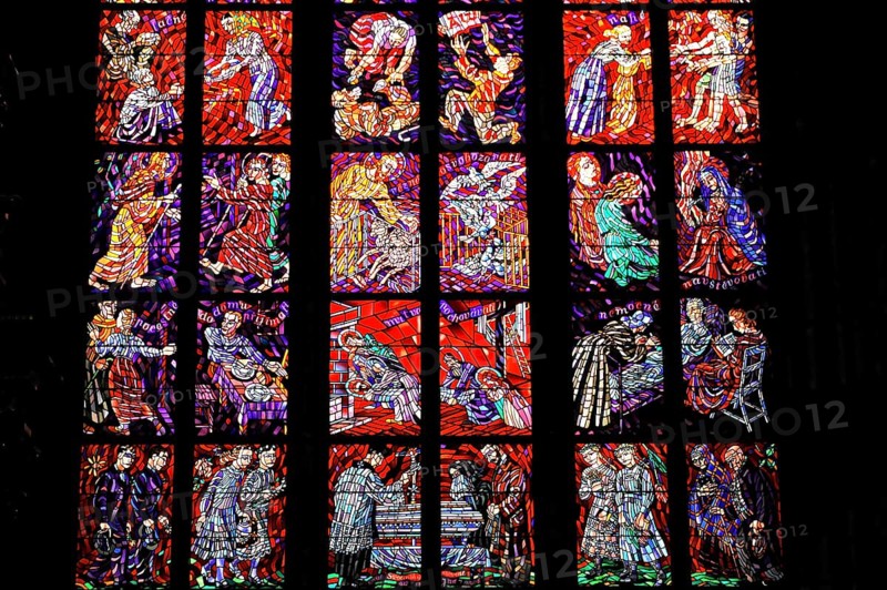 St Vitus or St Vitus Cathedral, Hradcany, Prague, Czech Republic, Europe, Close-up of a stained glass window depicting detailed scenes and figures