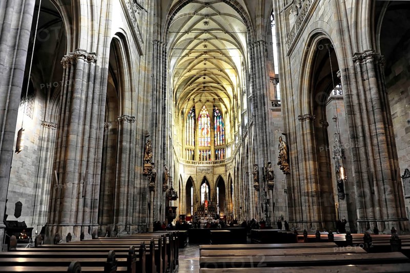 St Vitus or St Vitus Cathedral, Hradcany, Prague, Czech Republic, Europe, Elongated nave with pews and impressive stone carvings
