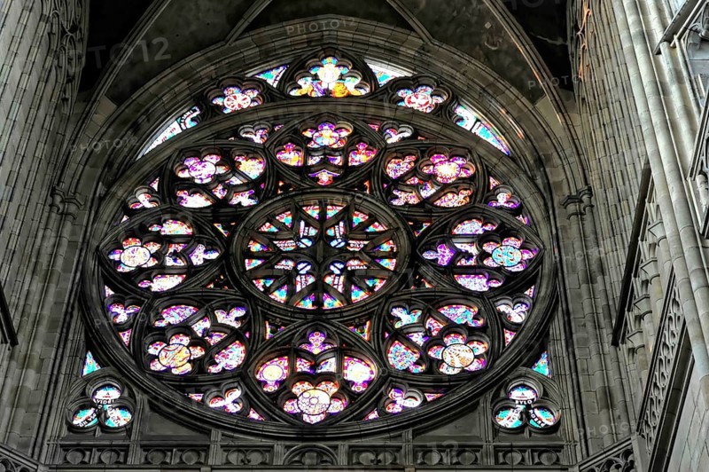 St. Vitus or St. Vitus Cathedral, Hradcany, Prague, Czech Republic, Europe, Large rose window with artistic stained glass decoration and Gothic elements