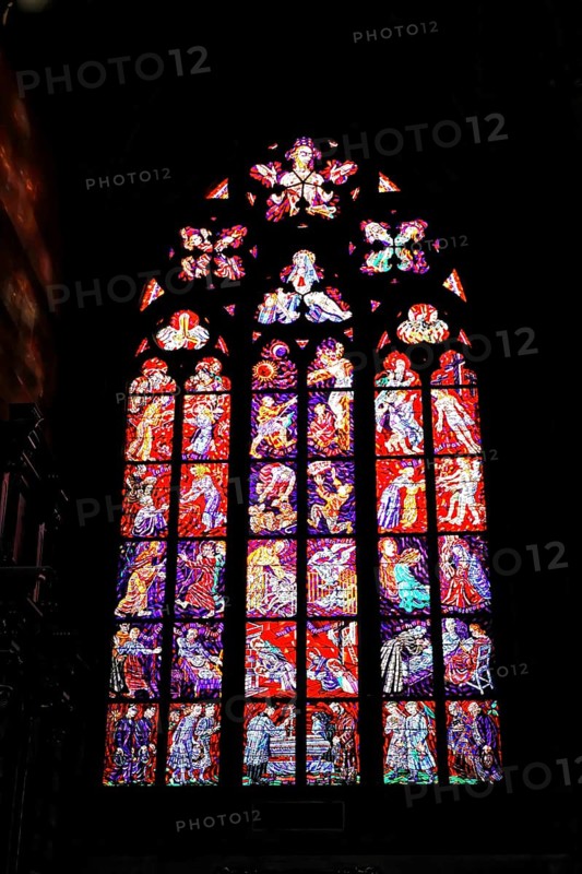 St. Vitus or St. Vitus Cathedral, Hradcany, Prague, Czech Republic, Europe, stained glass windows with complex, colourful patterns and historical scenes