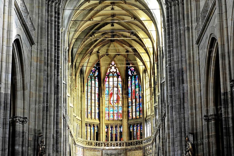 St. Vitus Cathedral, Hradcany, Prague, Czech Republic, Europe, Gothic church interior with ornate stained glass windows and high arches