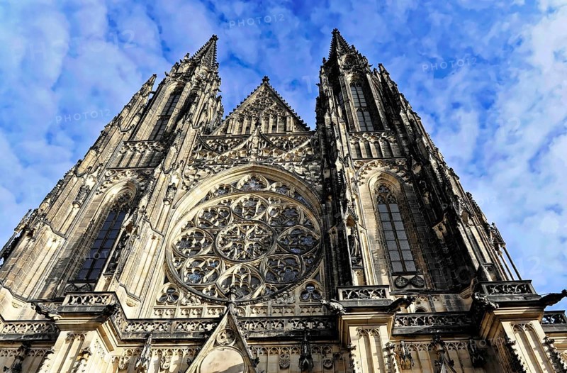 St Vitus Cathedral, Hradcany, Prague, Czech Republic, Europe, Impressive Gothic cathedral with detailed facades and an imposing round window