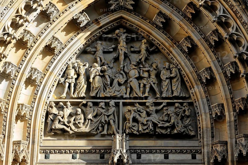St Vitus or St Vitus Cathedral, Hradcany, Prague, Czech Republic, Europe, Detail of a Gothic relief with religious scenes on a cathedral