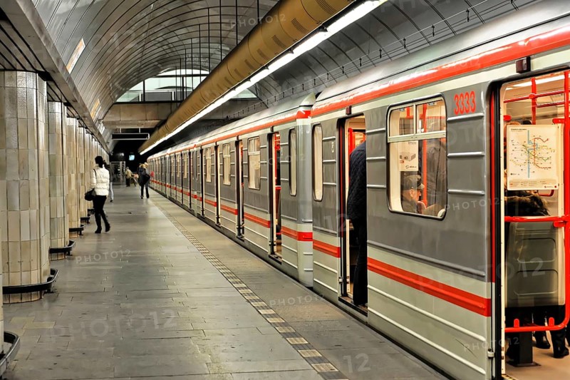 Mustek underground station, Prague, Czech Republic, Europe, Passengers boarding and alighting from a modern underground train