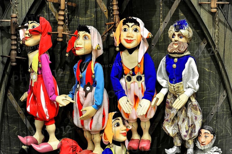 Prague Marionettes, Prague, Czech Republic, Europe, Various marionettes, colourfully dressed, cheerful atmosphere with detailed puppets