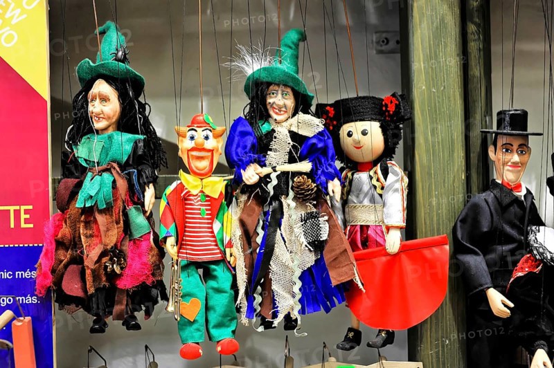 Prague Marionettes, Prague, Czech Republic, Europe, Colourful, imaginatively designed marionettes in classical costumes in front of a wooden frame