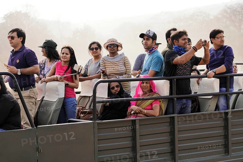Ranthambhore Tiger Reserve, Sawai Madhopur, Kota, Rajasthan, North India, Asia, Group of people on safari vehicle, attentive and taking pictures, India
