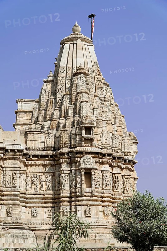 Kota, Rajasthan, North India, Asia, Detailed view of an ornate stone temple tower in India, India