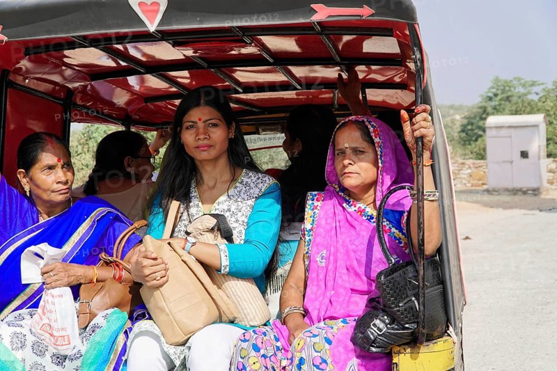 Kota, Rajasthan, North India, Asia, Close-up of woman in colourful traditional dress in an autorickshaw, India