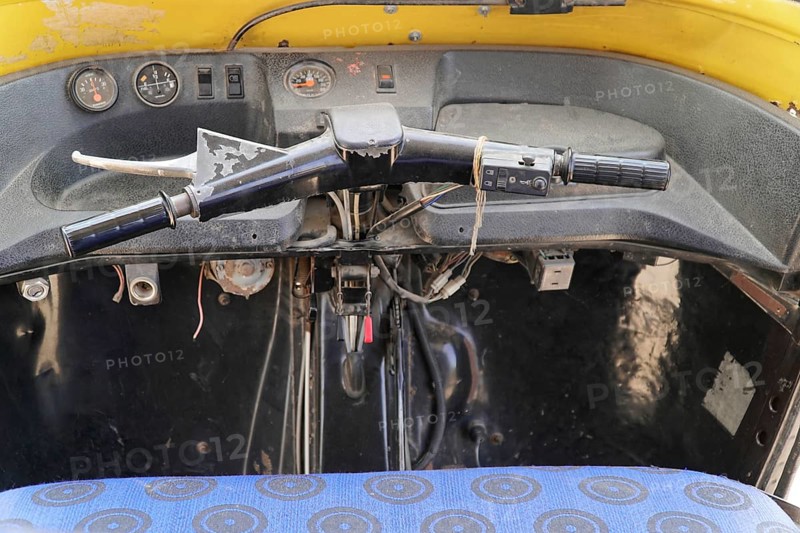 Kota, Rajasthan, North India, Asia, Interior view of an old vehicle with view of steering wheel and instruments, India