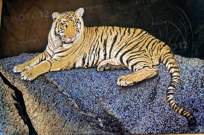Painting, Sale, Souvenir, Udaipur, Rajasthan, India, Asia, A tiger rests on a rock at night, surrounded by a peaceful aura, North India