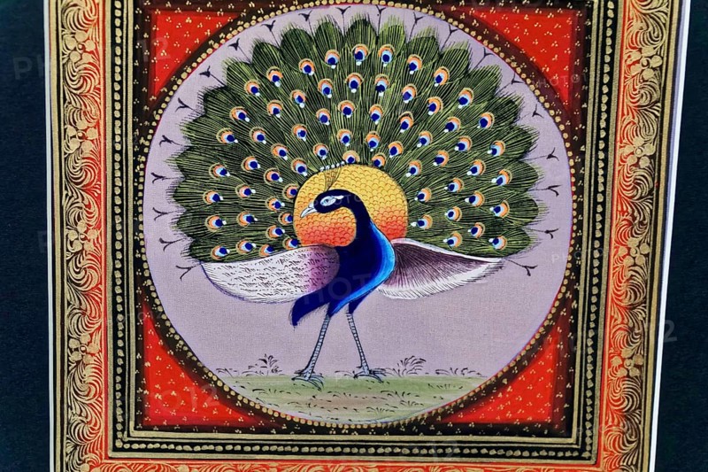 Painting, Sale, Souvenir, Udaipur, Rajasthan, India, Asia, Decorative peacock in an ornate, traditional style with colourful patterns, North India
