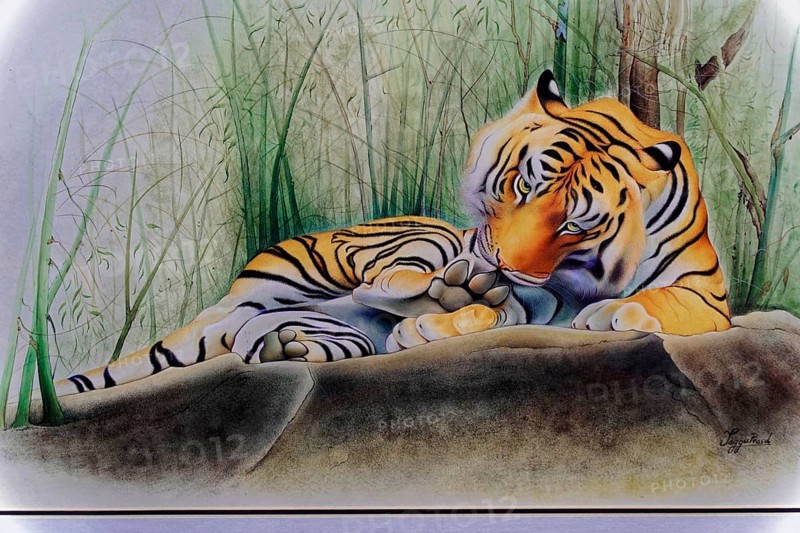 Painting, Sale, Souvenir, Udaipur, Rajasthan, India, Asia, A tiger lies relaxed on a rock surrounded by grass in a quiet atmosphere, North India