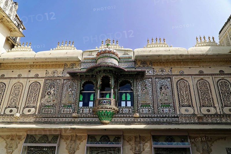 City palace, Udaipur, Rajasthan, India, Asia, Detailed decorated façade with mosaic and ornate windows, North India