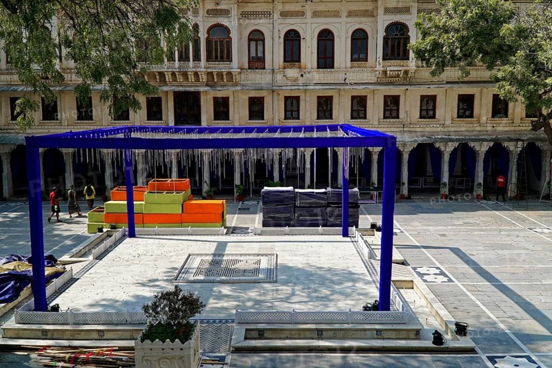Udaipur, Rajasthan, North India, Asia, courtyard with decorative set-up and preparations for an event or ceremony