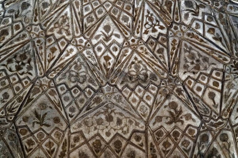 Red Fort, Agra, Uttar Pradesh, India, Artfully decorated patterns and details on a symmetrical historic stone surface, Jodhpur, Rajasthan, North India