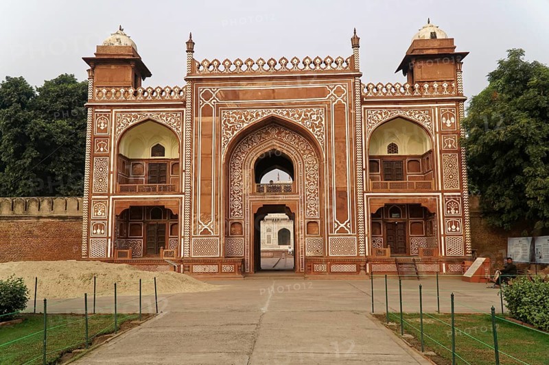 Tomb of Akbar the Great, Sikandra, Agra, Uttar Pradesh, North India, India, Asia, Historic red sandstone gate with detailed decorations and an open entrance area, Jodhpur, Rajasthan