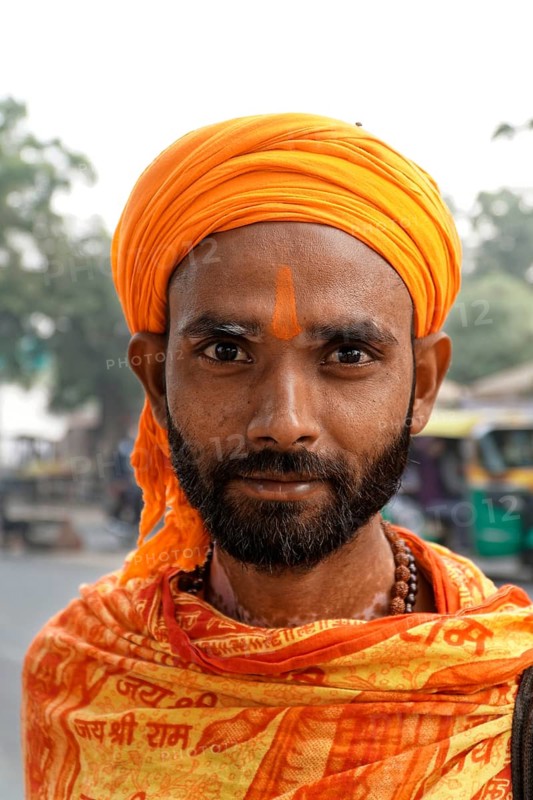 Agra, Jodhpur, Rajasthan, North India, AsiaPortrait of a man with orange turban and traditional clothes, Asia