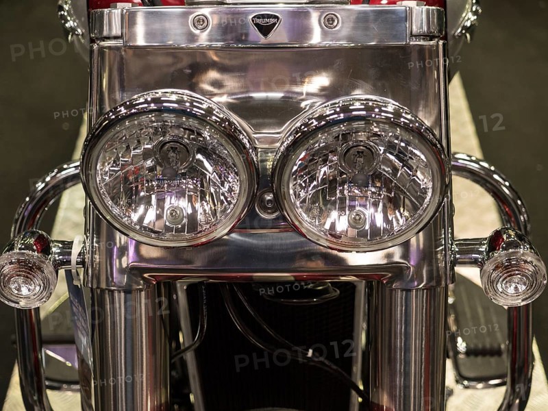 Shiny chrome double headlights of a motorbike in retro style, dortmund, deutchland