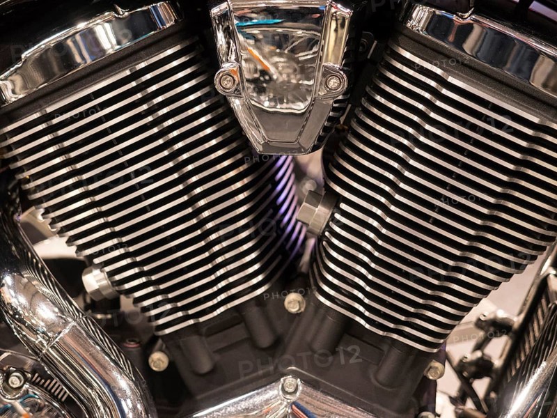 Close-up of a chrome-plated motorbike engine cylinder, Dortmund, Germany