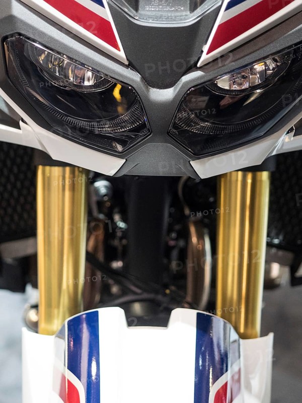 Sporty motorbike front with stripe pattern and innovative headlight design, dortmund, deutchland