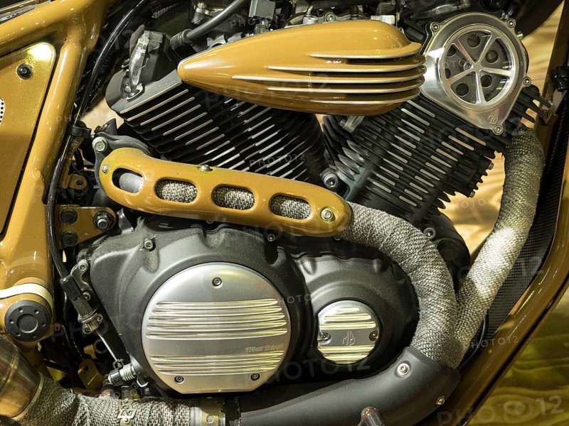Detail of the motorbike engine with cylinders and in gold-coloured design, dortmund, deutchland