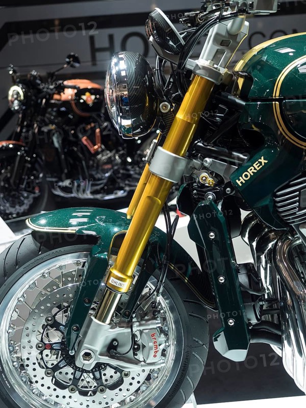 Detailed view of a motorbike with gold-coloured suspension and green fairing, dortmund, deutchland