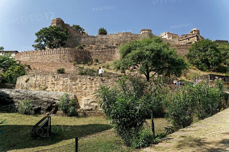 Spacious historical fortifications in a green, sunny landscape, Ranakpur, Jodhpur, Rajasthan, North India