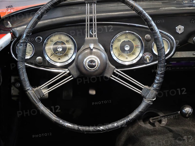 A stylish steering wheel in a classic car, featuring a retro feel and classic instruments, Cologne, Germany