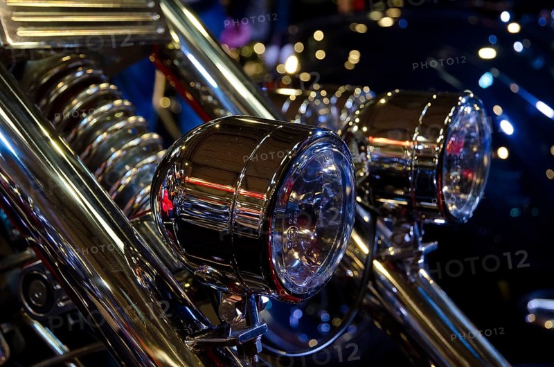Close-up of shiny chrome headlights of a motorbike in detail, dortmund, germany