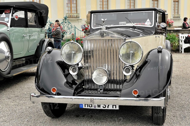 Vintage car in black and cream with dominant front grille and headlights, Retro Classics meets Baroque, Ludwigsburg, Baden-Württemberg, Germany