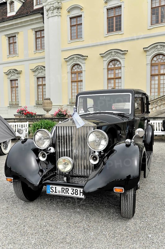 Black classic limousine-style vintage car against a historical backdrop, Retro Classics meets Baroque, Ludwigsburg, Baden-Württemberg, Germany