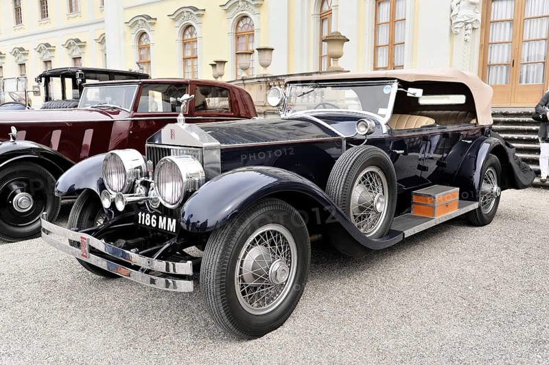 Elegant black convertible classic car in front of a historic building, Retro Classics meets Baroque, Ludwigsburg, Baden-Württemberg, Germany