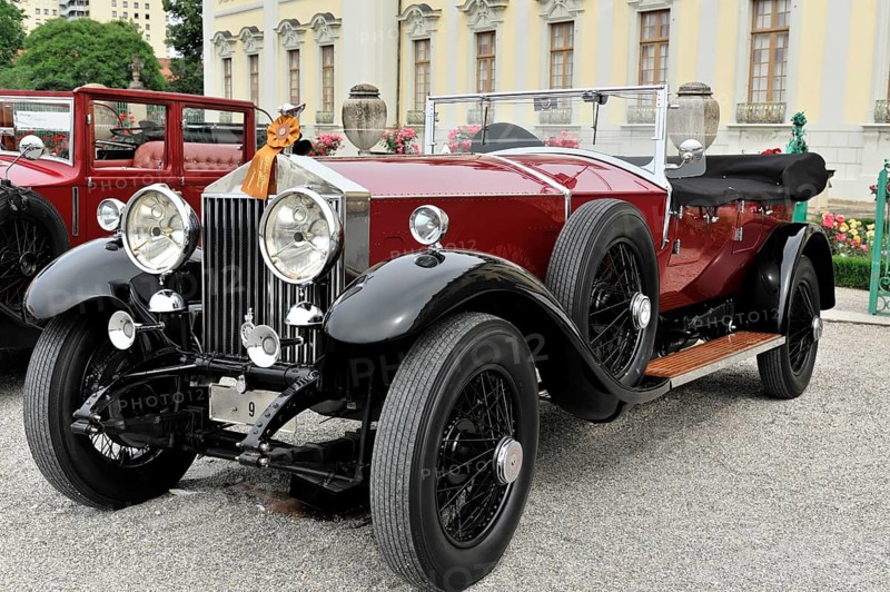 Rolls-Royce RR Phantom I Red, year of construction 1927, classic car, red elegant convertible oldtimer with historic charm in front of a flower bed, Retro Classics meets Baroque, Ludwigsburg, Baden-Württemberg, Germany