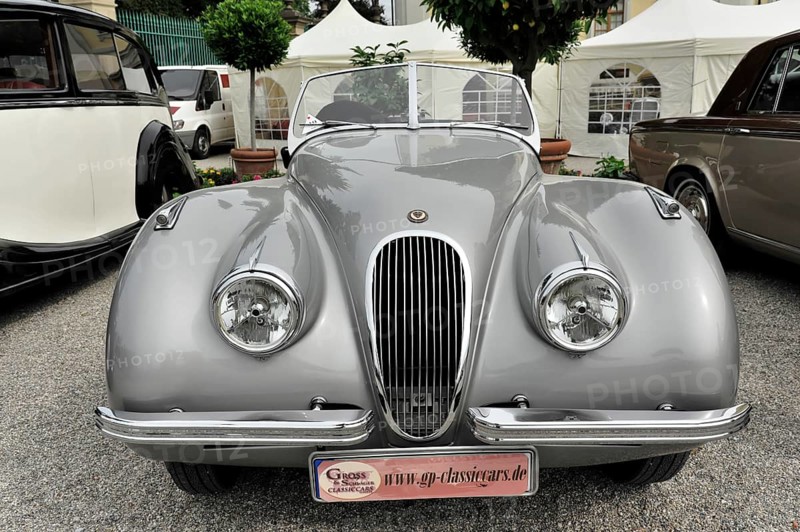 Grey Jaguar convertible with elegant front and classic vintage car charm, Retro Classics meets Baroque, Ludwigsburg, Baden-Württemberg, Germany
