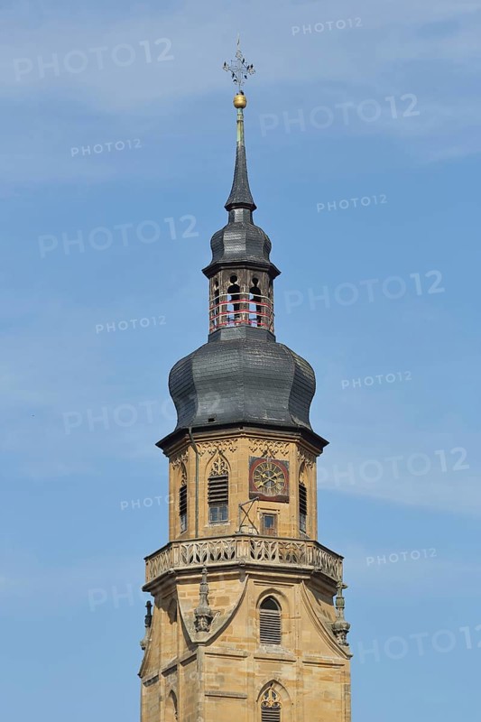 Late Gothic church tower of the Church of the Assumption of the Virgin Mary, Bad Königshofen, Rhön, Lower Franconia, Franconia, Bavaria, Germany