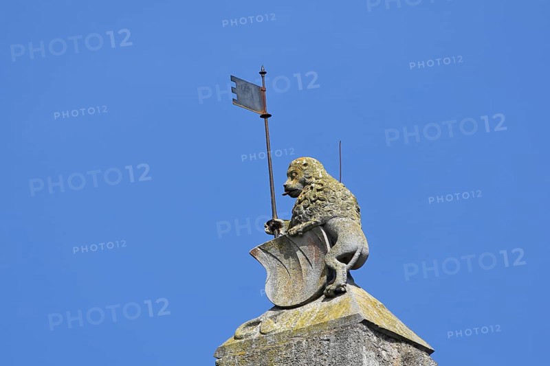 Roof figure with shield and flag on the cathedral chapter palatium, lion figure, detail, cut-out, stepped gable, Ochsenfurt, Lower Franconia, Franconia, Bavaria, Germany
