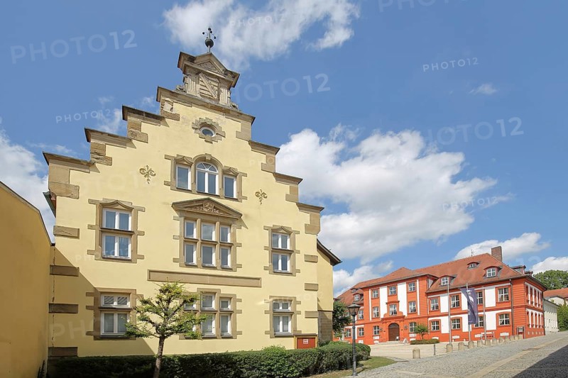 Old courthouse, today's police building, and baroque hunting lodge, stepped gable, Bad Rodach, Upper Franconia, Franconia, Bavaria, Germany