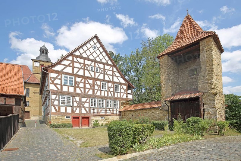 Historic old school built in 1672 and powder tower built in the 16th century, former town fortifications, town wall, shell tower, half-timbered house, Bad Rodach, Upper Franconia, Franconia, Bavaria, Germany