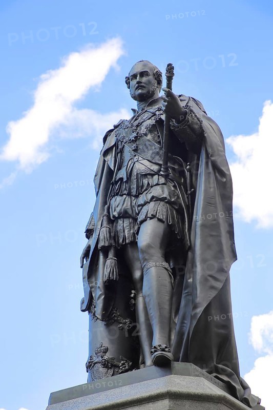 Statue of Prince Albert of Saxe-Coburg and Gotha, monument, black sculpture, cut-out, market square, Coburg, Upper Franconia, Franconia, Bavaria, Germany