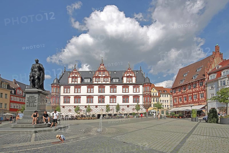 Monument to Prince Albert of Saxe-Coburg and Gotha, town hall, fountain, pedestrian, market square, Coburg, Upper Franconia, Franconia, Bavaria, Germany