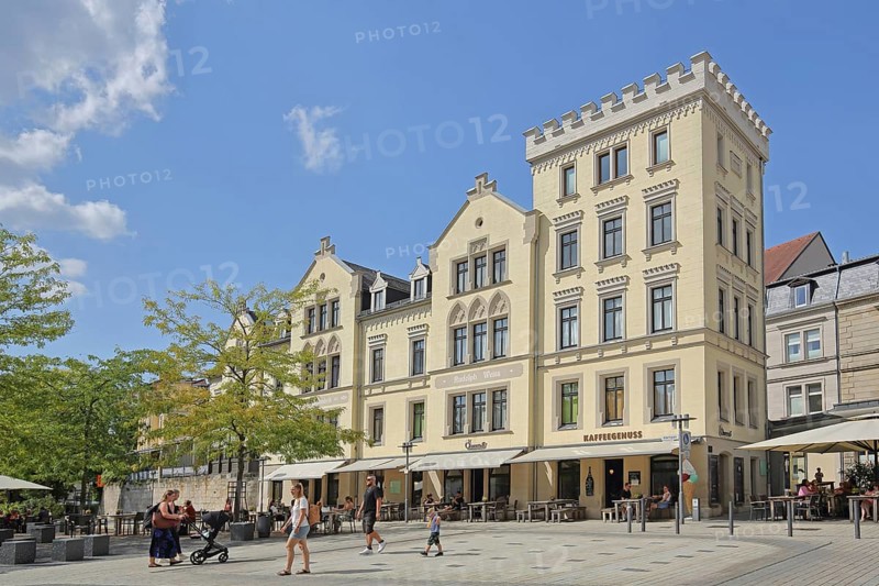 Neo-Gothic building with battlements of the former Weiß candy factory, pedestrian, Albertsplatz, Coburg, Upper Franconia, Franconia, Bavaria, Germany