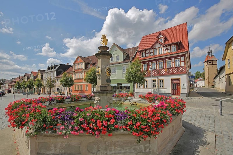 Market square with market fountain, half-timbered houses and copper tower, town tower, columns with heraldic animal, floral decoration, Bad Rodach, Upper Franconia, Franconia, Bavaria, Germany