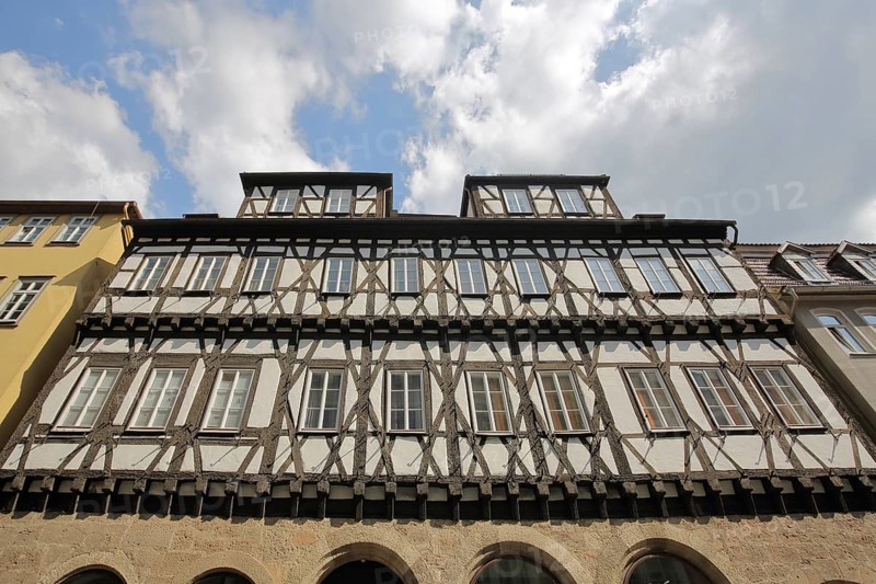 Gothic half-timbered mint master's house built in 1444, view upwards, Coburg, Upper Franconia, Franconia, Bavaria, Germany