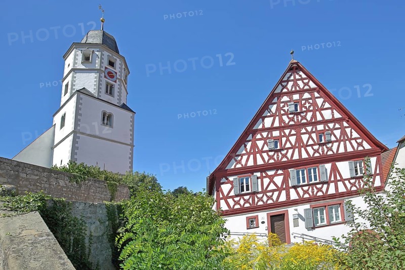 St. Nicholas Church built in 1510 and cantor's house built in 1510, half-timbered house, Rathausplatz, Winterhausen, Eibelstadt, Lower Franconia, Franconia, Bavaria, Germany