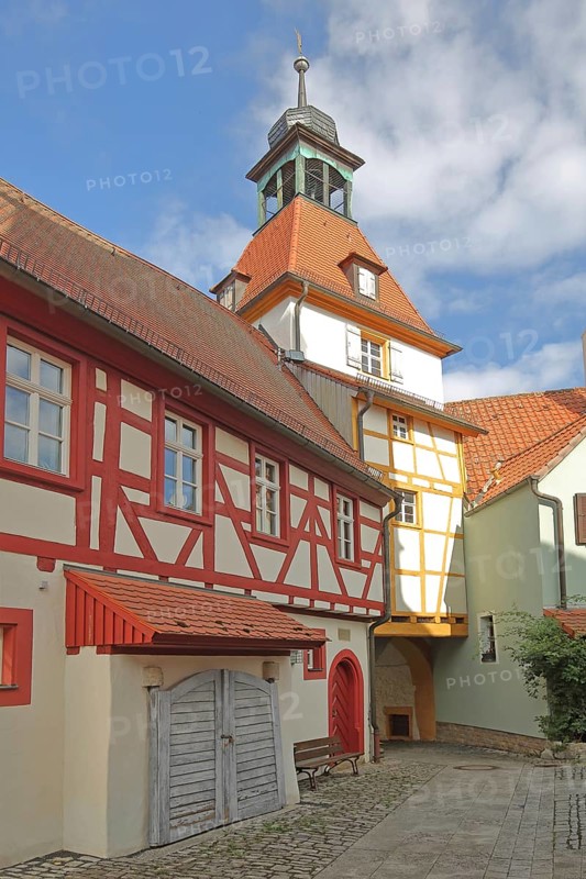 Fortified church, town hall from behind and town musicians' tower, gate tower, half-timbered house, Marktsteft, Lower Franconia, Franconia, Bavaria, Germany