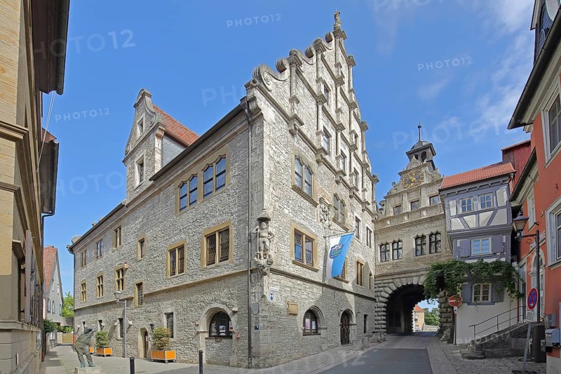Renaissance town hall built in 1581 and Main Gate town gate, town tower, Marktbreit, Lower Franconia, Franconia, Bavaria, Germany