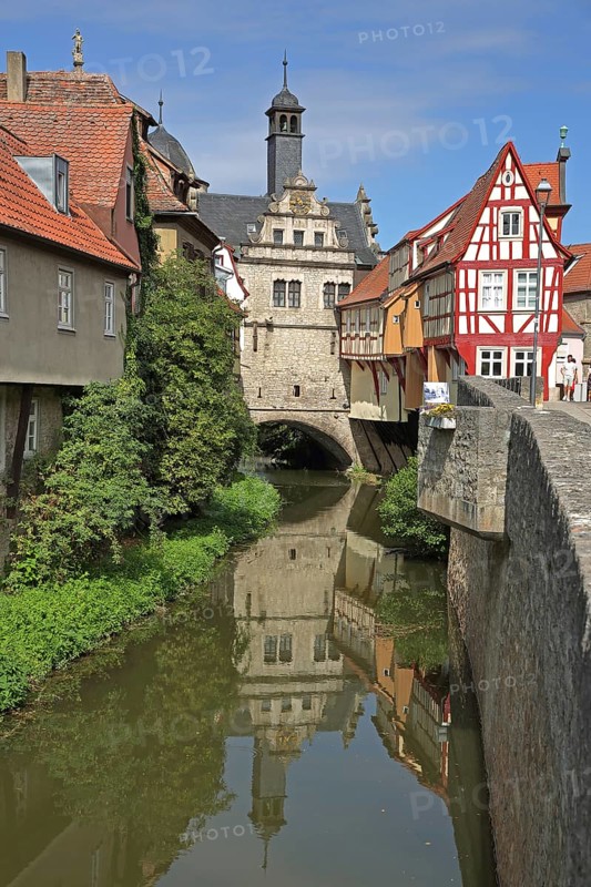 Half-timbered house Malerwinkelhaus and Main Gate at Breitbach, museum, town gate, idyll, reflection, museum, Marktbreit, Lower Franconia, Franconia, Bavaria, Germany