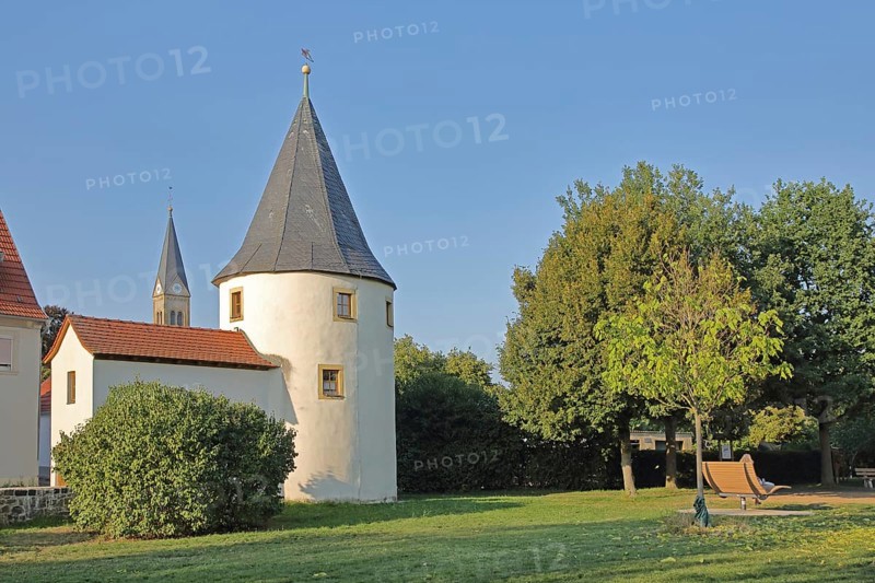 Medieval Fröschturm, part of the former town wall, town fortification, tower with building, Haßfurt, Lower Franconia, Franconia, Bavaria, Germany
